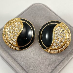 Vintage Monet Yin Yang Gold Tone Black Enamel Rhinestone Clip On Earrings